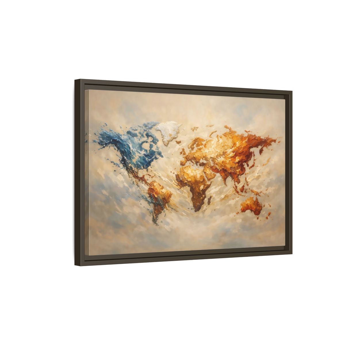 Side Mockup 2. Maps World Map Blue And Gold Map shown as stretched canvas wall art