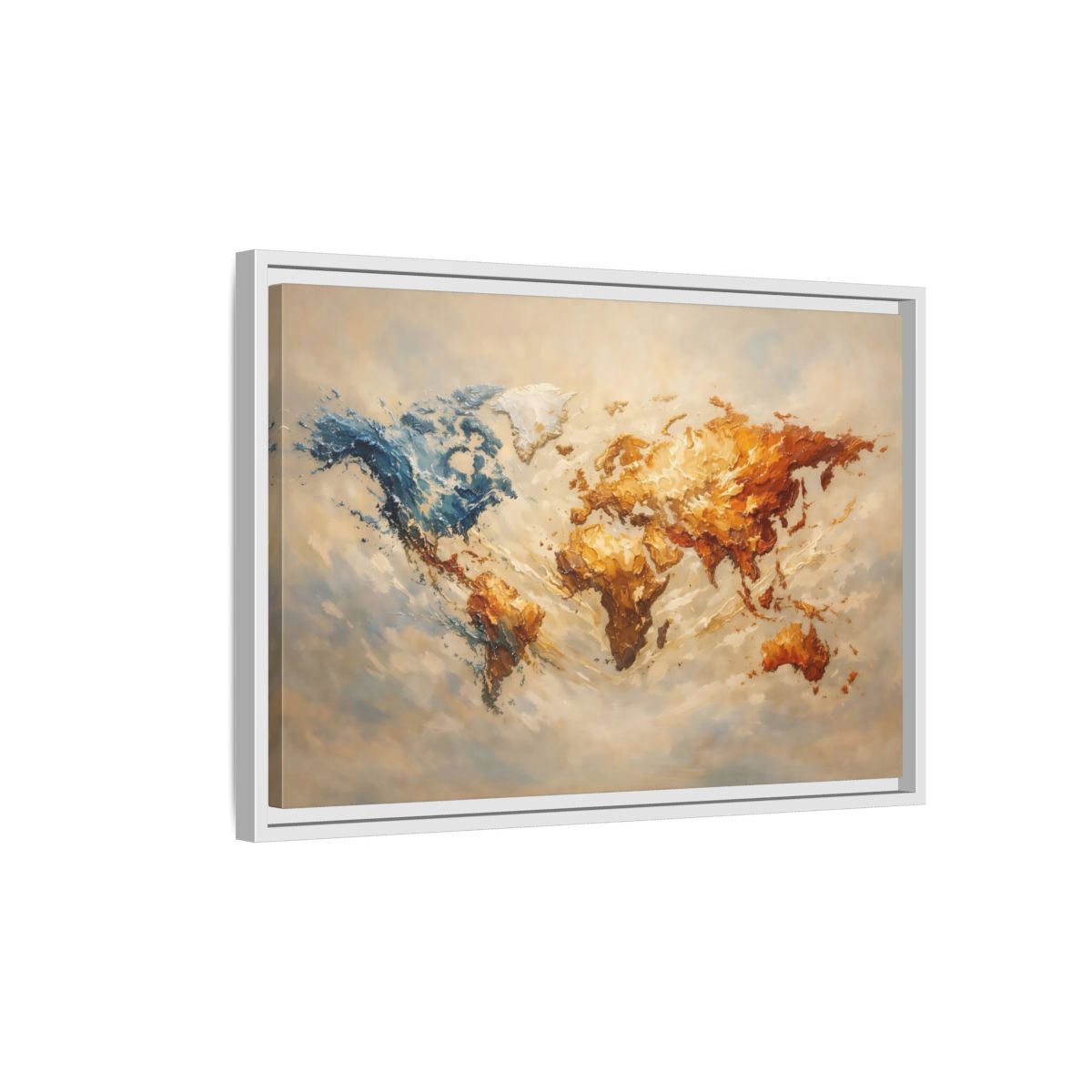 Side Mockup 1. Maps World Map Blue And Gold Map shown as stretched canvas wall art