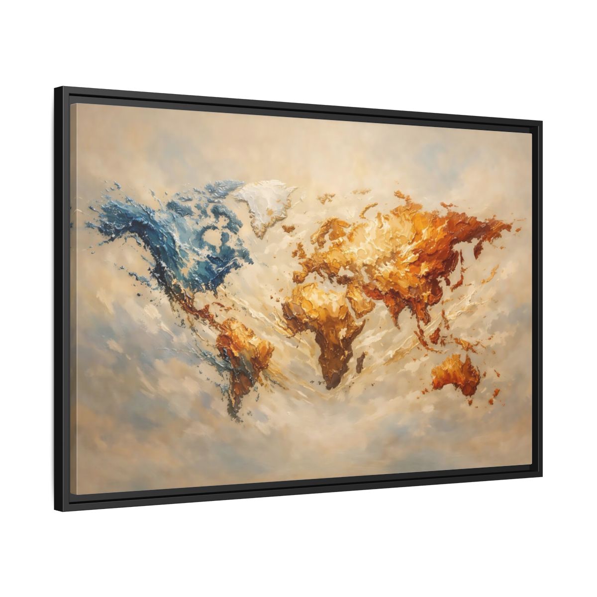 Side Mockup 13. Maps World Map Blue And Gold Map shown as stretched canvas wall art