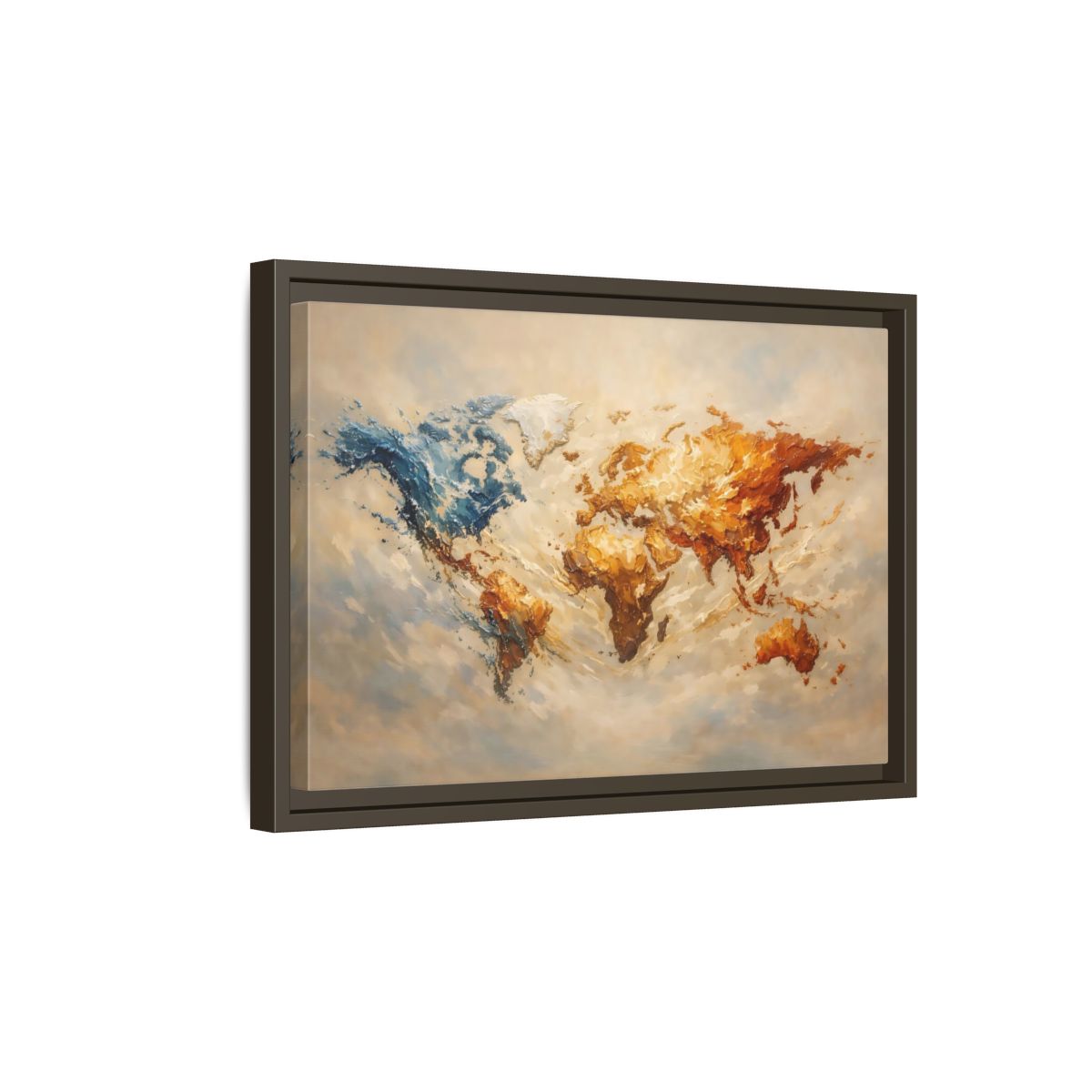 Side Mockup 5. Maps World Map Blue And Gold Map shown as stretched canvas wall art