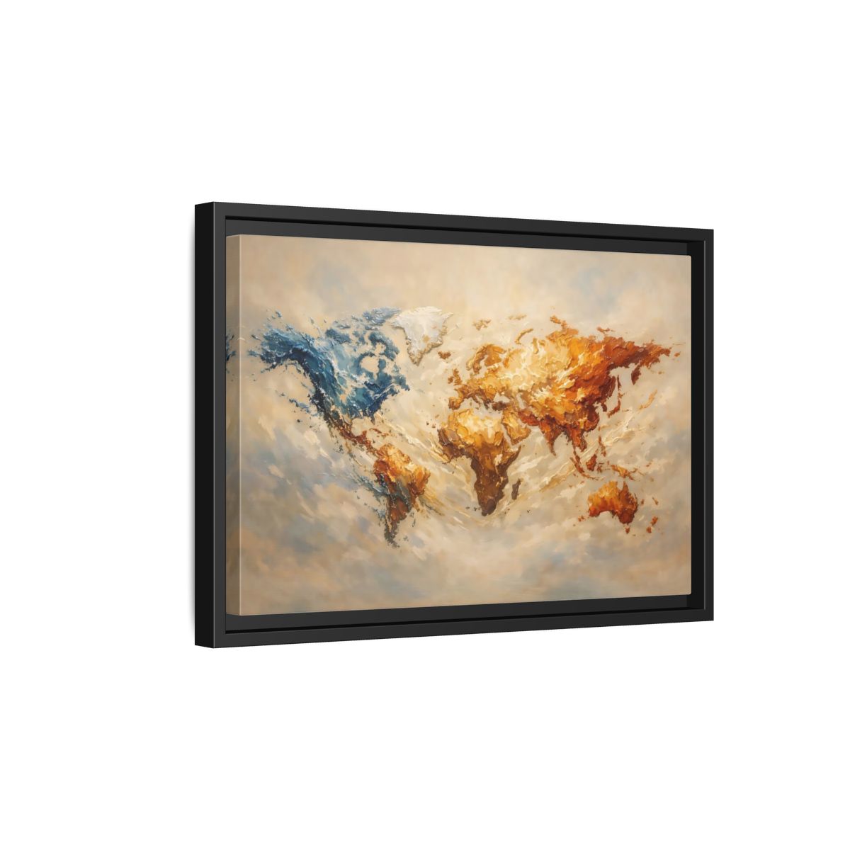 Side Mockup 6. Maps World Map Blue And Gold Map shown as stretched canvas wall art