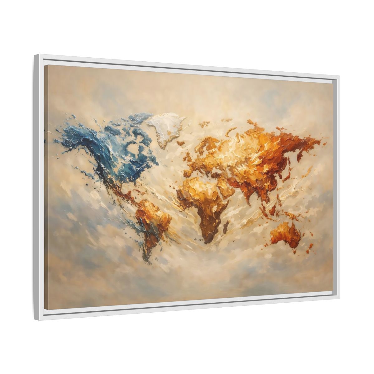 Side Mockup 8. Maps World Map Blue And Gold Map shown as stretched canvas wall art