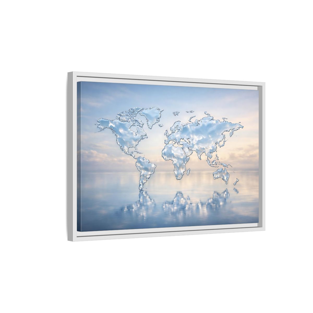 Side Mockup 1. Maps World Map Blue And White shown as stretched canvas wall art