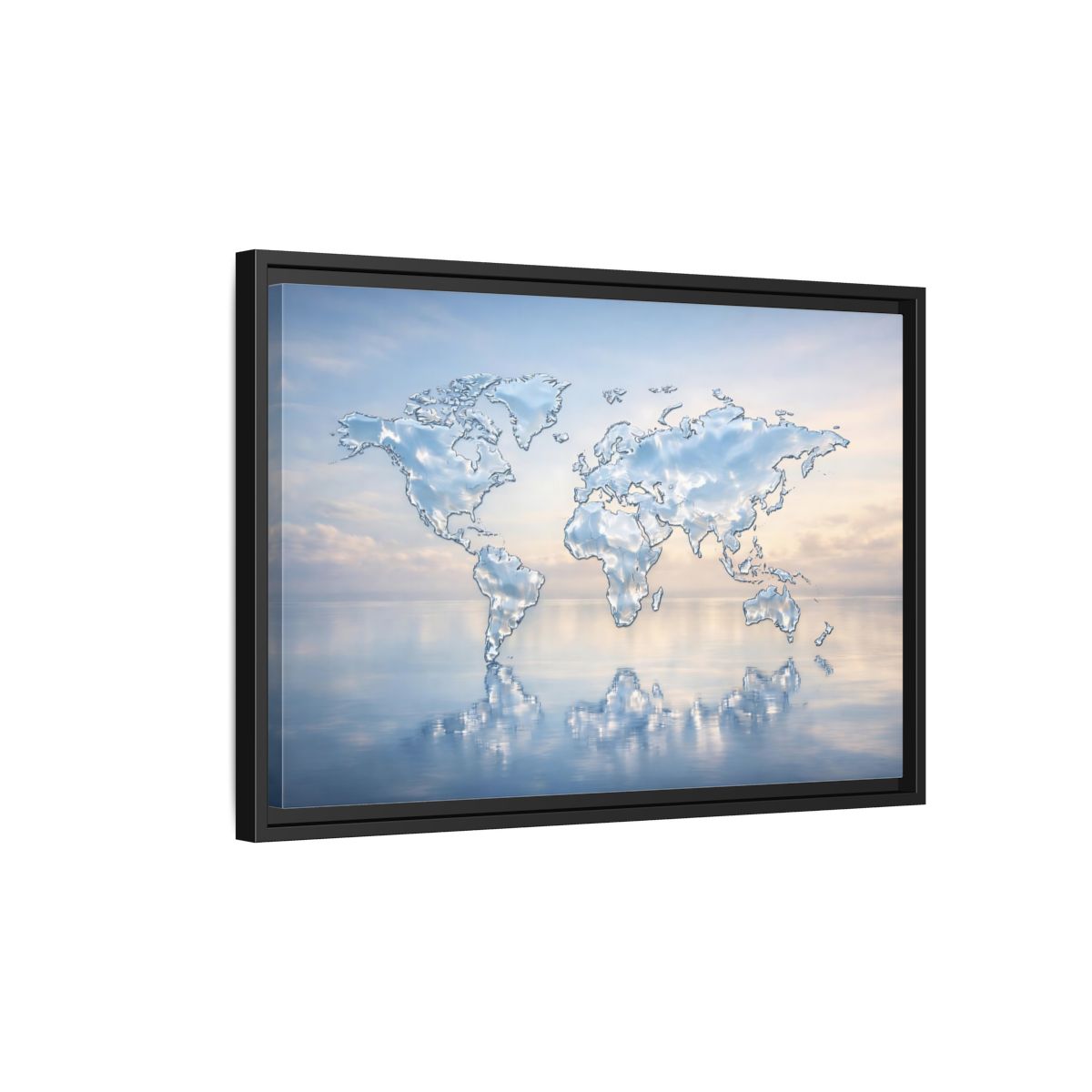 Side Mockup 3. Maps World Map Blue And White shown as stretched canvas wall art