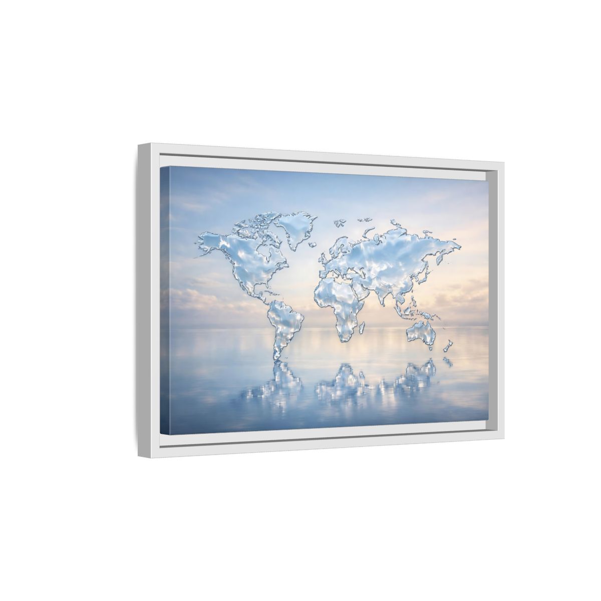 Side Mockup 4. Maps World Map Blue And White shown as stretched canvas wall art