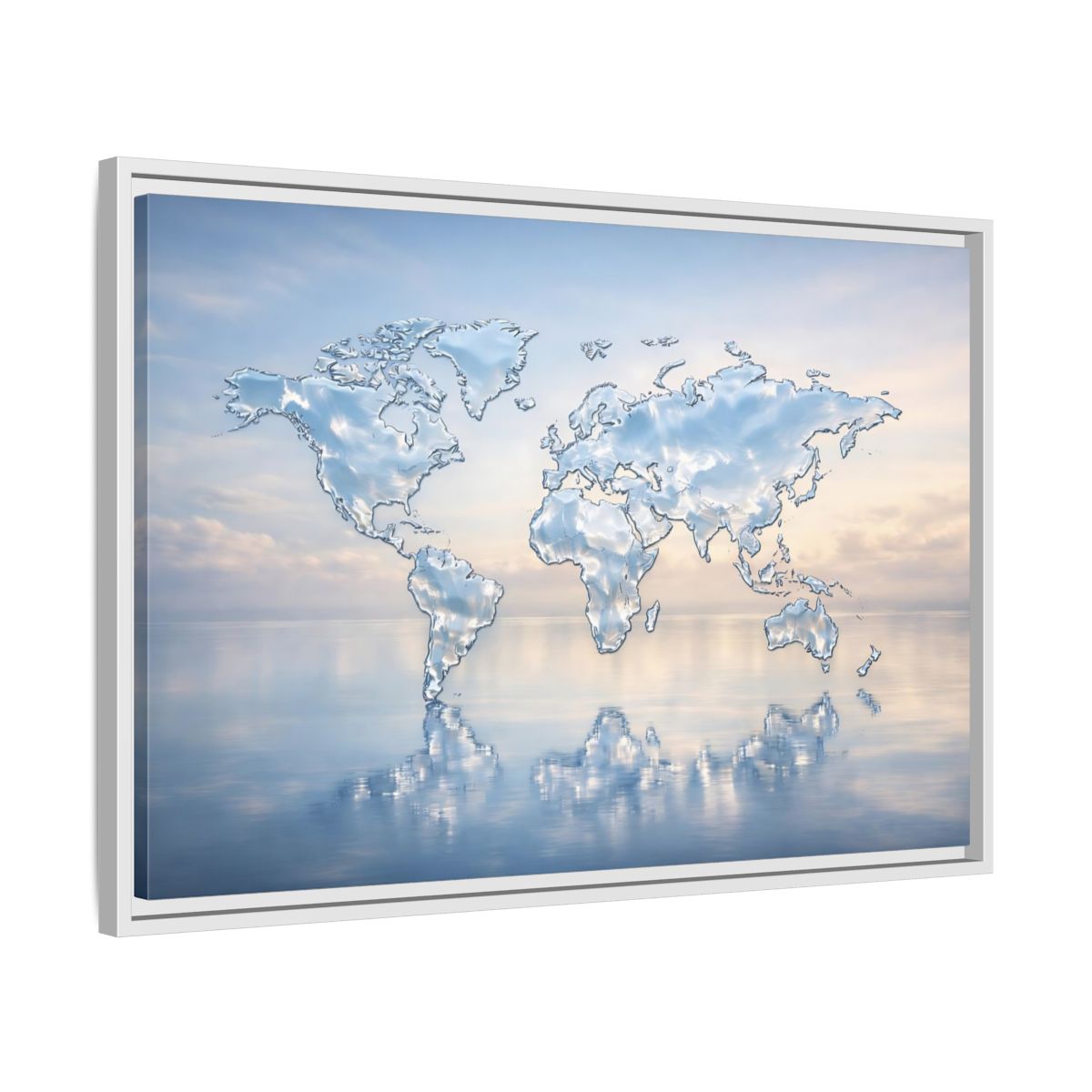 Side Mockup 10. Maps World Map Blue And White shown as stretched canvas wall art