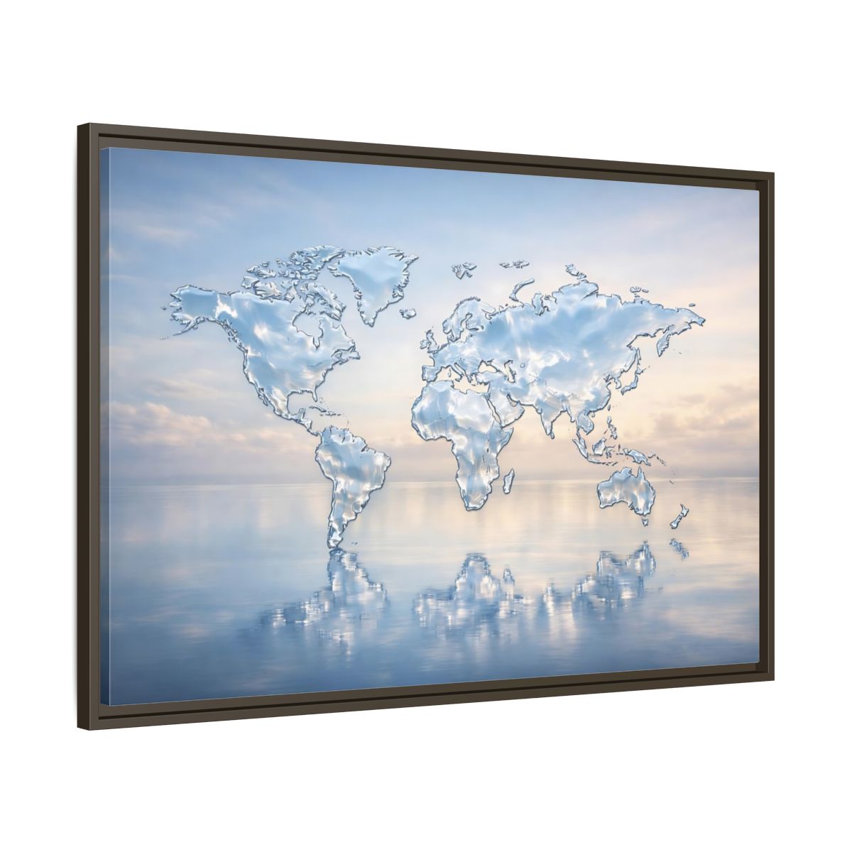 Side Mockup 9. Maps World Map Blue And White shown as stretched canvas wall art