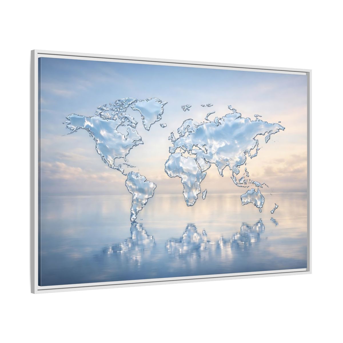Side Mockup 7. Maps World Map Blue And White shown as stretched canvas wall art