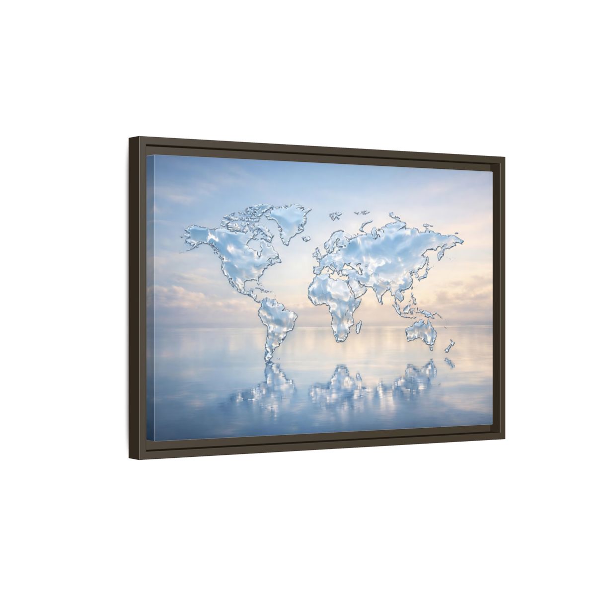 Side Mockup 2. Maps World Map Blue And White shown as stretched canvas wall art