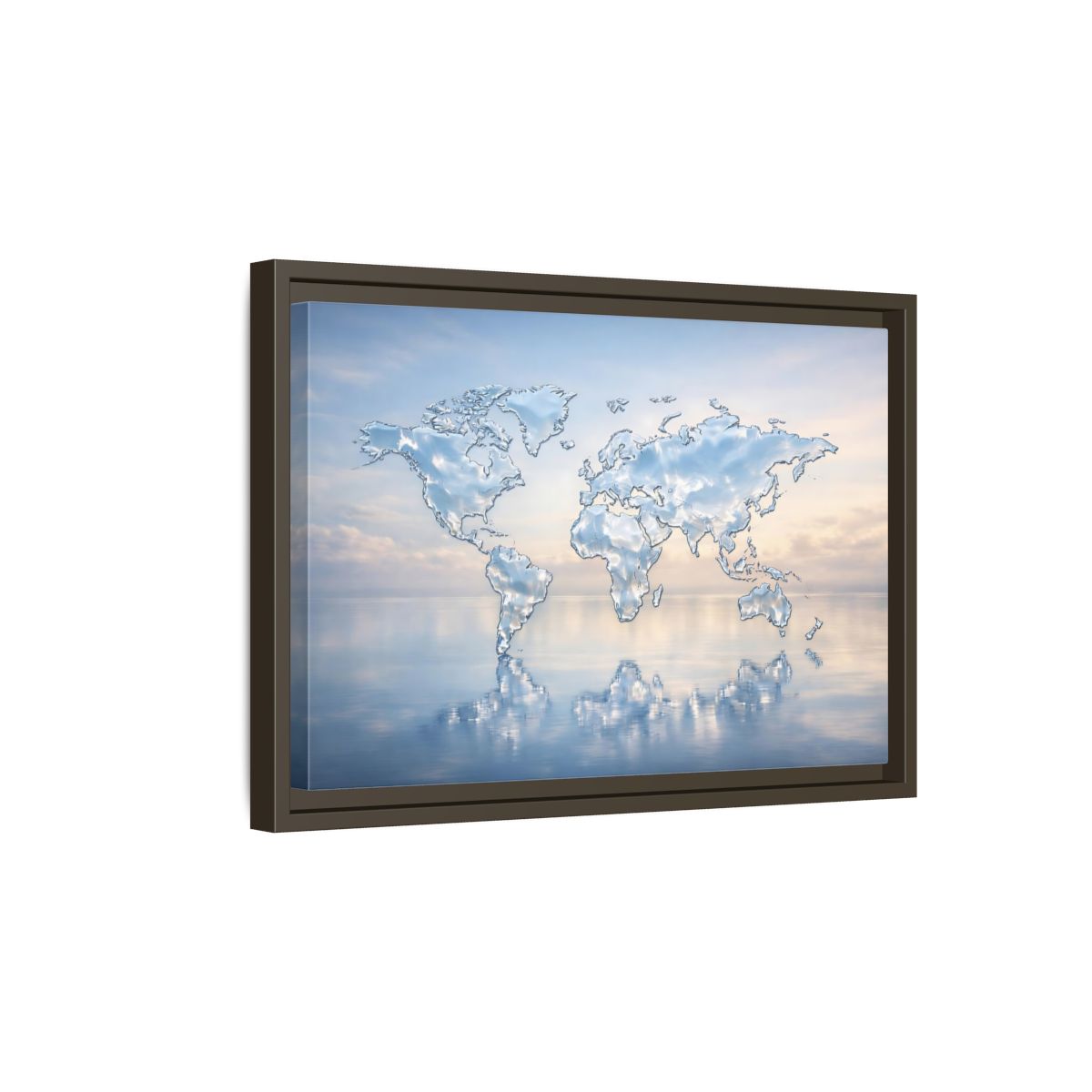 Side Mockup 5. Maps World Map Blue And White shown as stretched canvas wall art