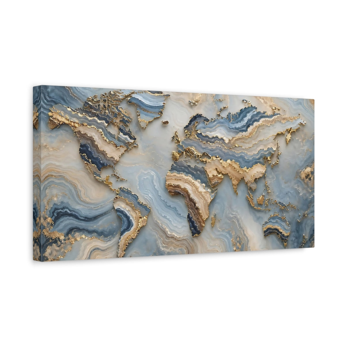 Side Mockup 3. Maps World Map Blue Gold Map shown as stretched canvas wall art