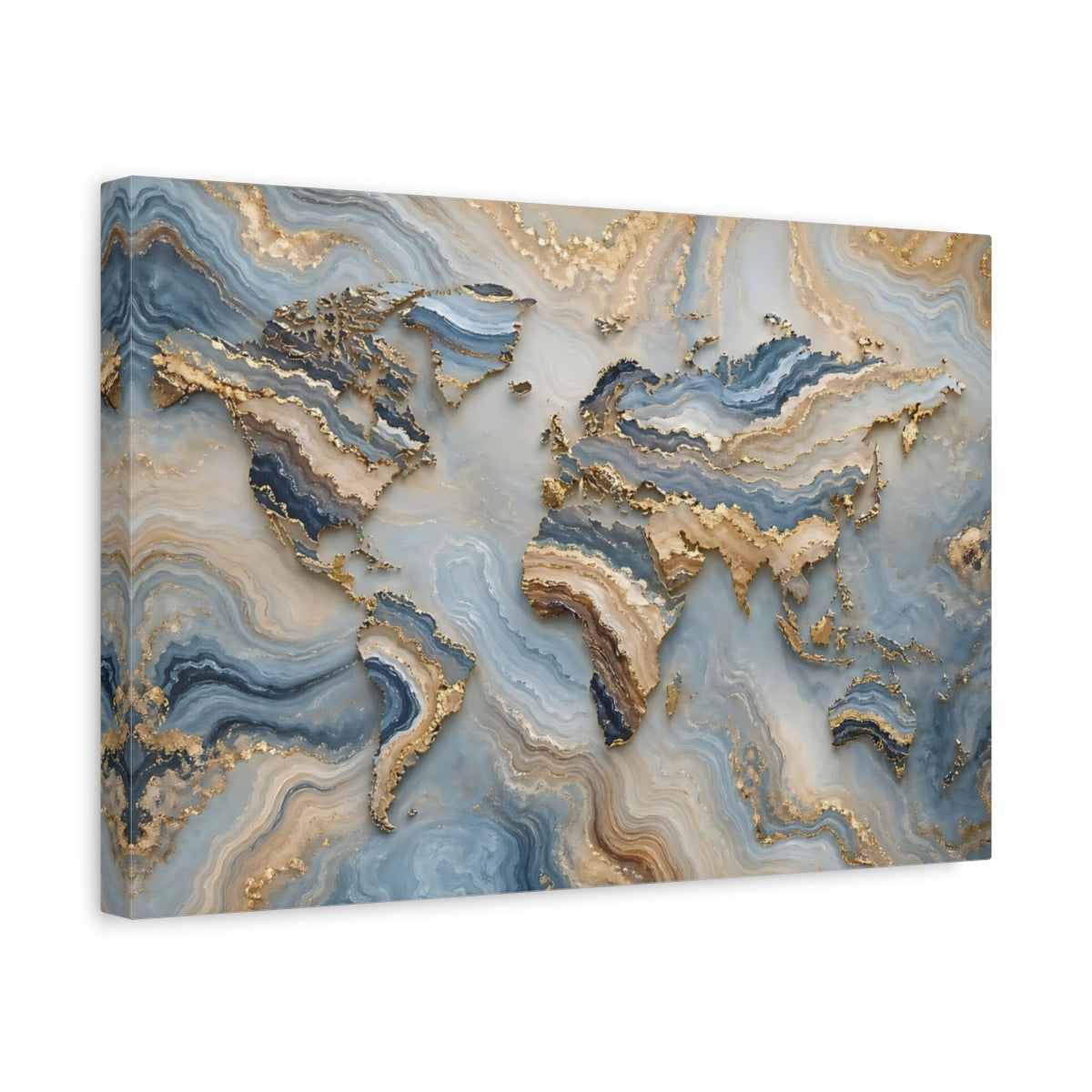 Side Mockup 4. Maps World Map Blue Gold Map shown as stretched canvas wall art