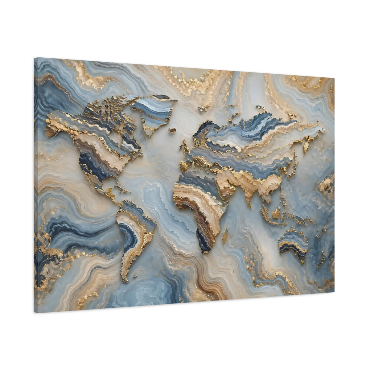 Side Mockup 1. Maps World Map Blue Gold Map shown as stretched canvas wall art