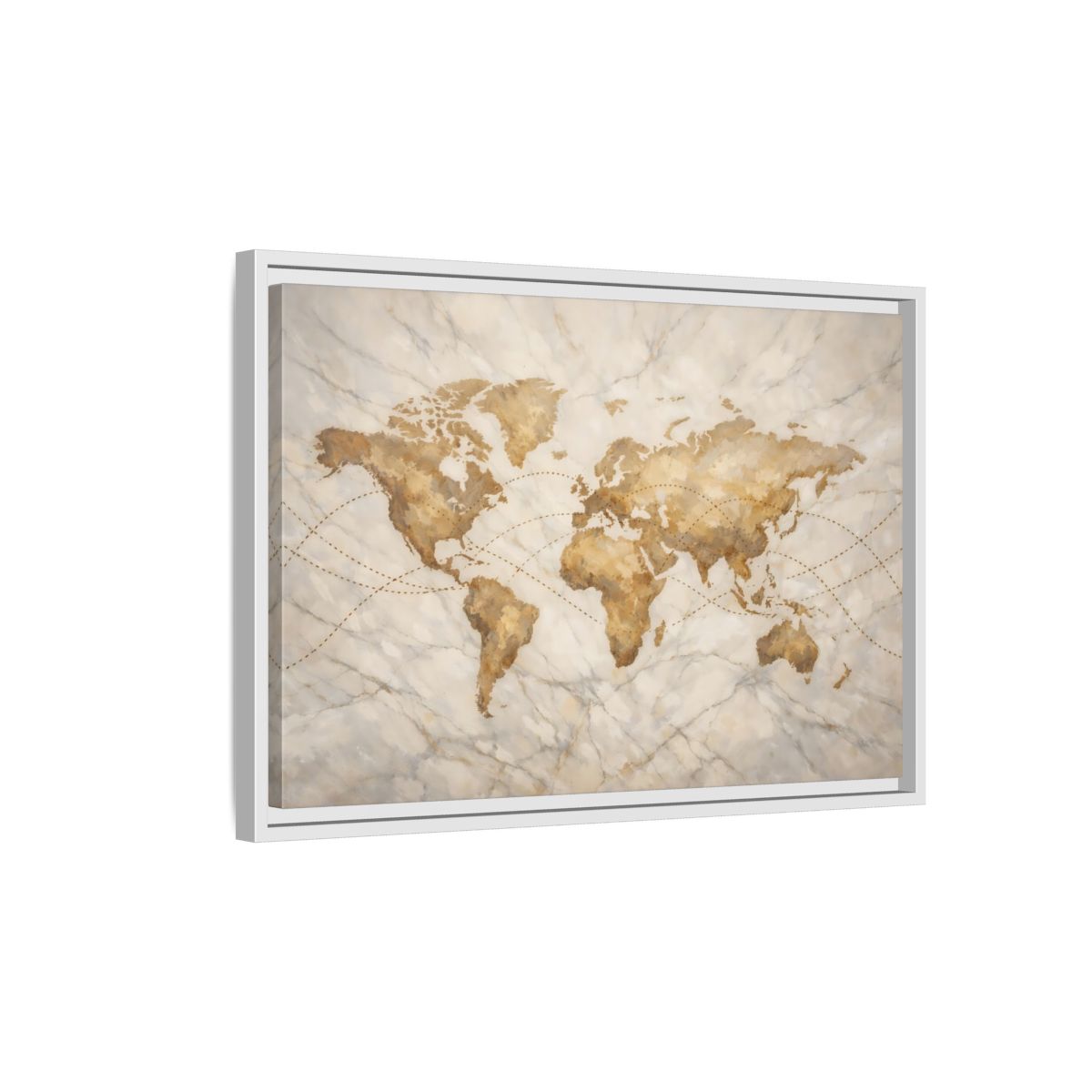 Side Mockup 1. Maps World Map Brown And Beige shown as stretched canvas wall art