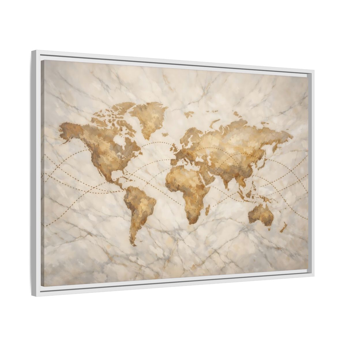 Side Mockup 8. Maps World Map Brown And Beige shown as stretched canvas wall art