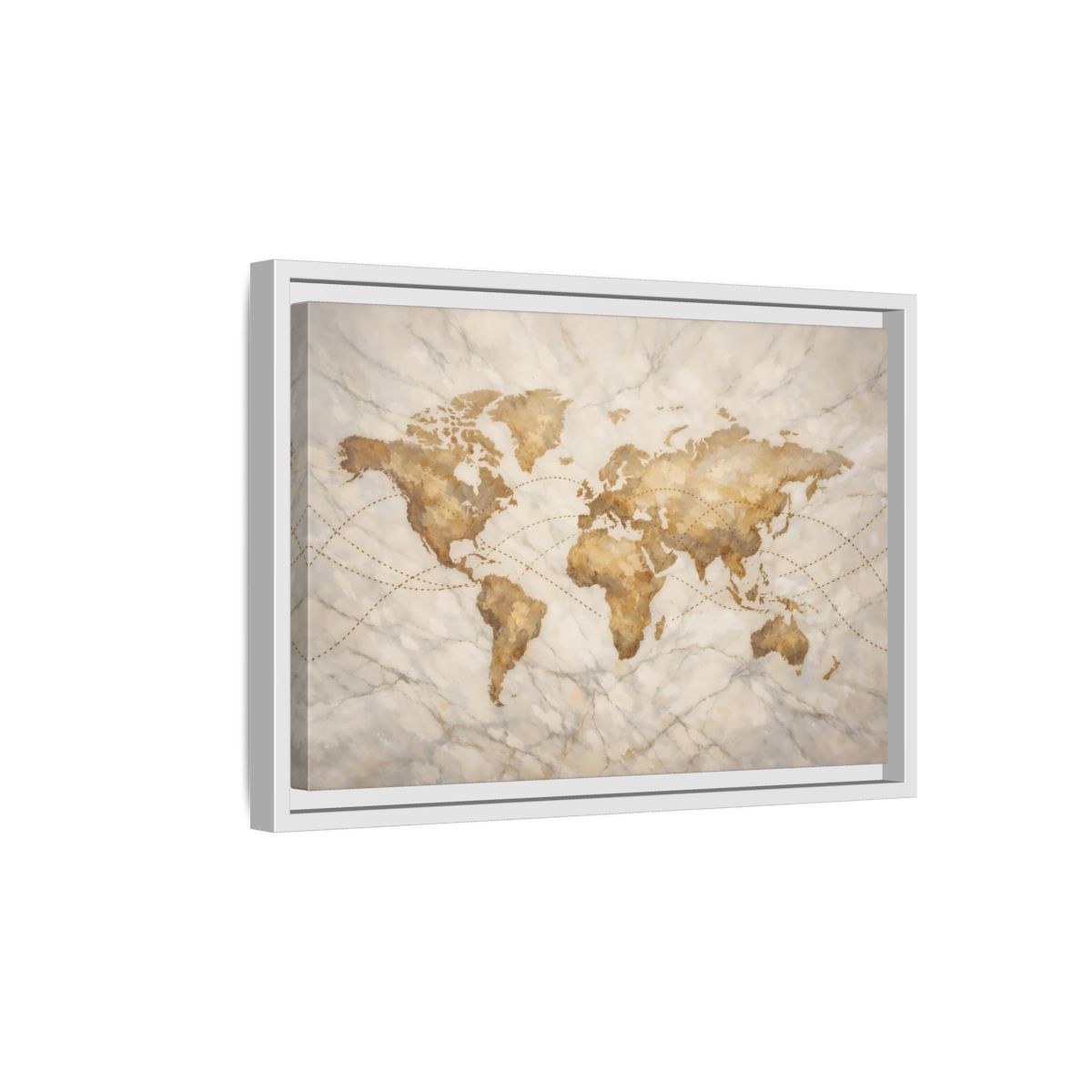 Side Mockup 4. Maps World Map Brown And Beige shown as stretched canvas wall art