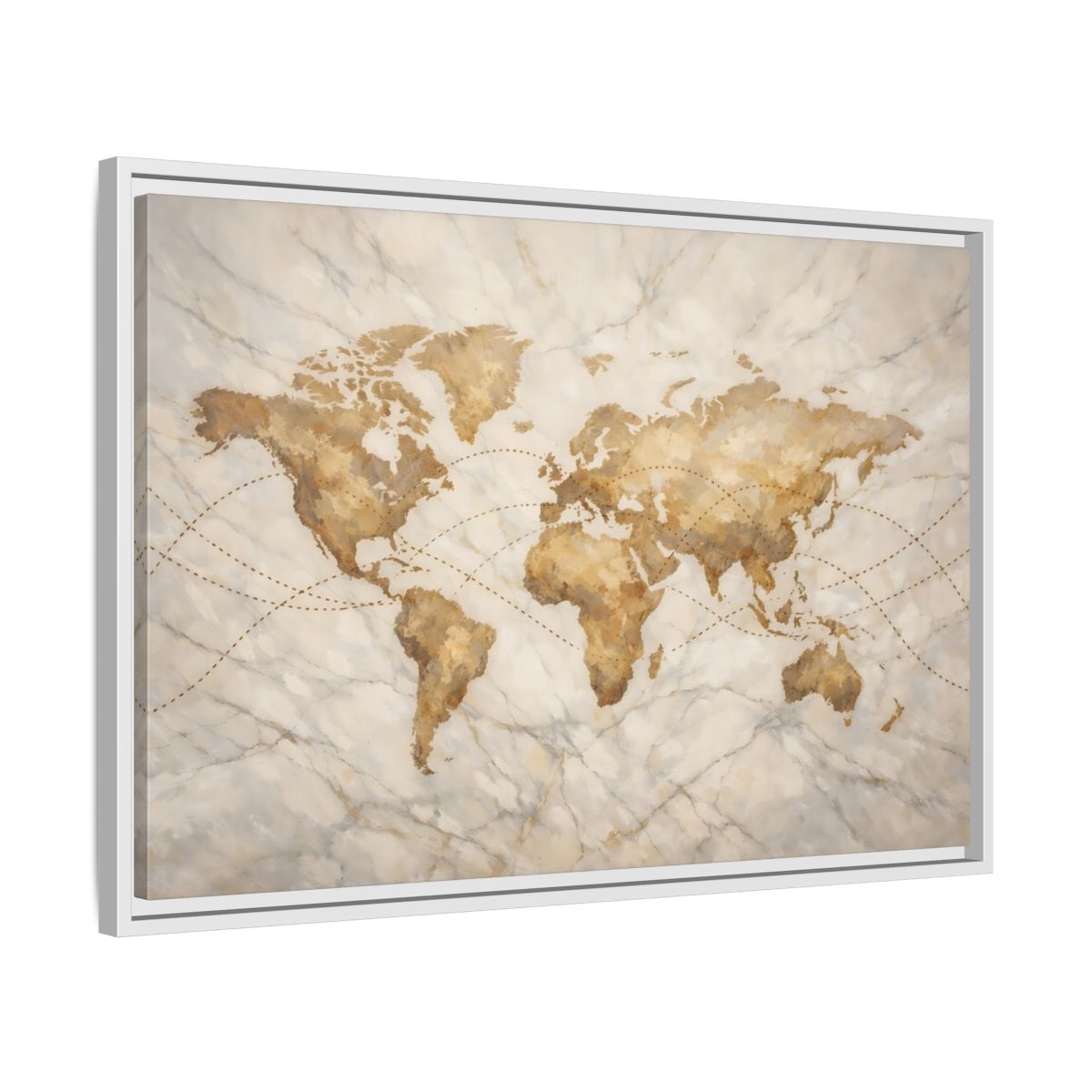Side Mockup 10. Maps World Map Brown And Beige shown as stretched canvas wall art