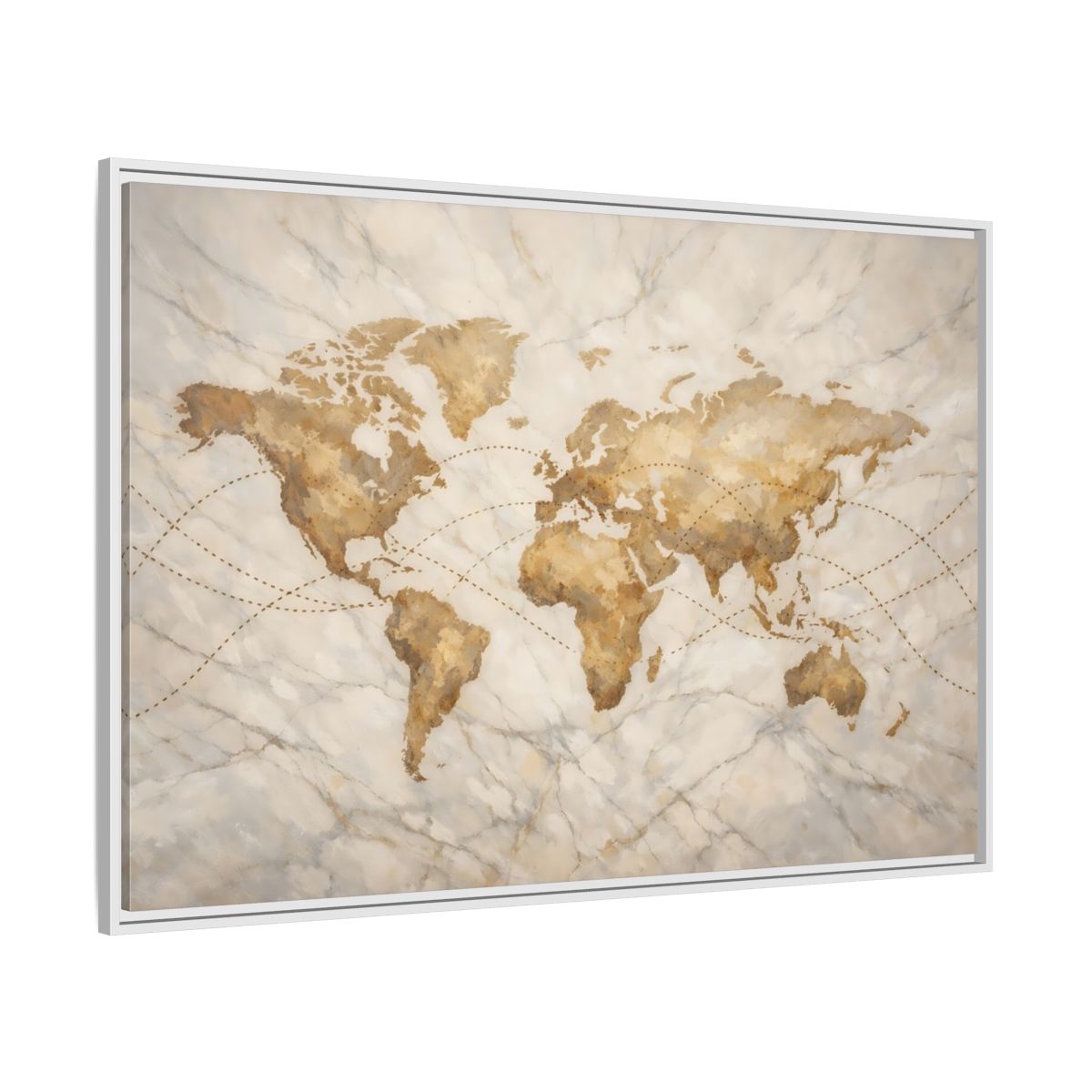 Side Mockup 7. Maps World Map Brown And Beige shown as stretched canvas wall art