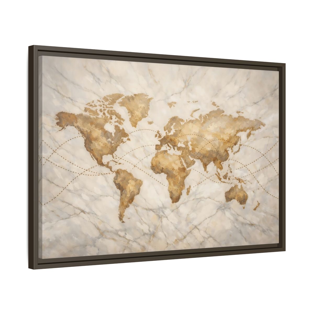 Side Mockup 11. Maps World Map Brown And Beige shown as stretched canvas wall art