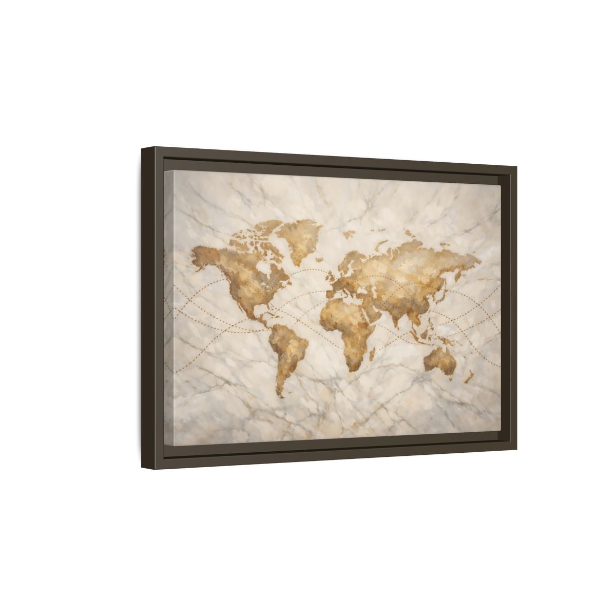 Side Mockup 5. Maps World Map Brown And Beige shown as stretched canvas wall art