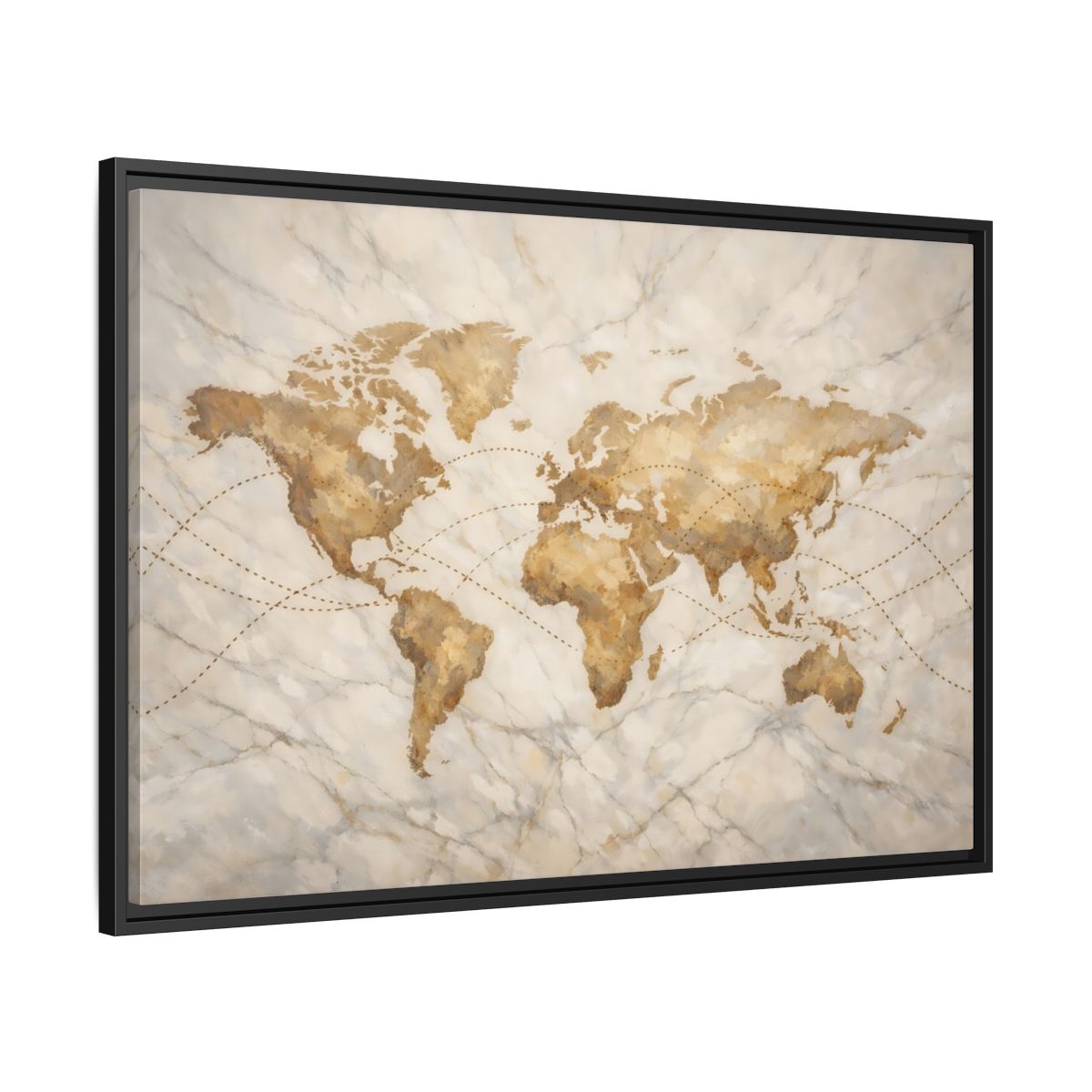 Side Mockup 13. Maps World Map Brown And Beige shown as stretched canvas wall art