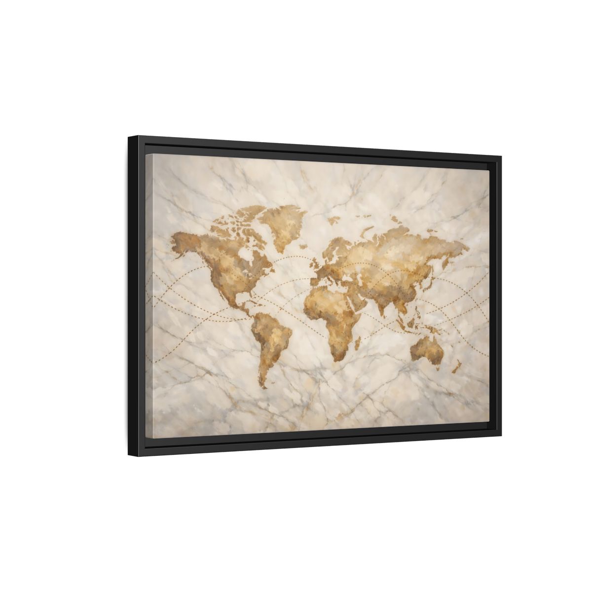 Side Mockup 3. Maps World Map Brown And Beige shown as stretched canvas wall art