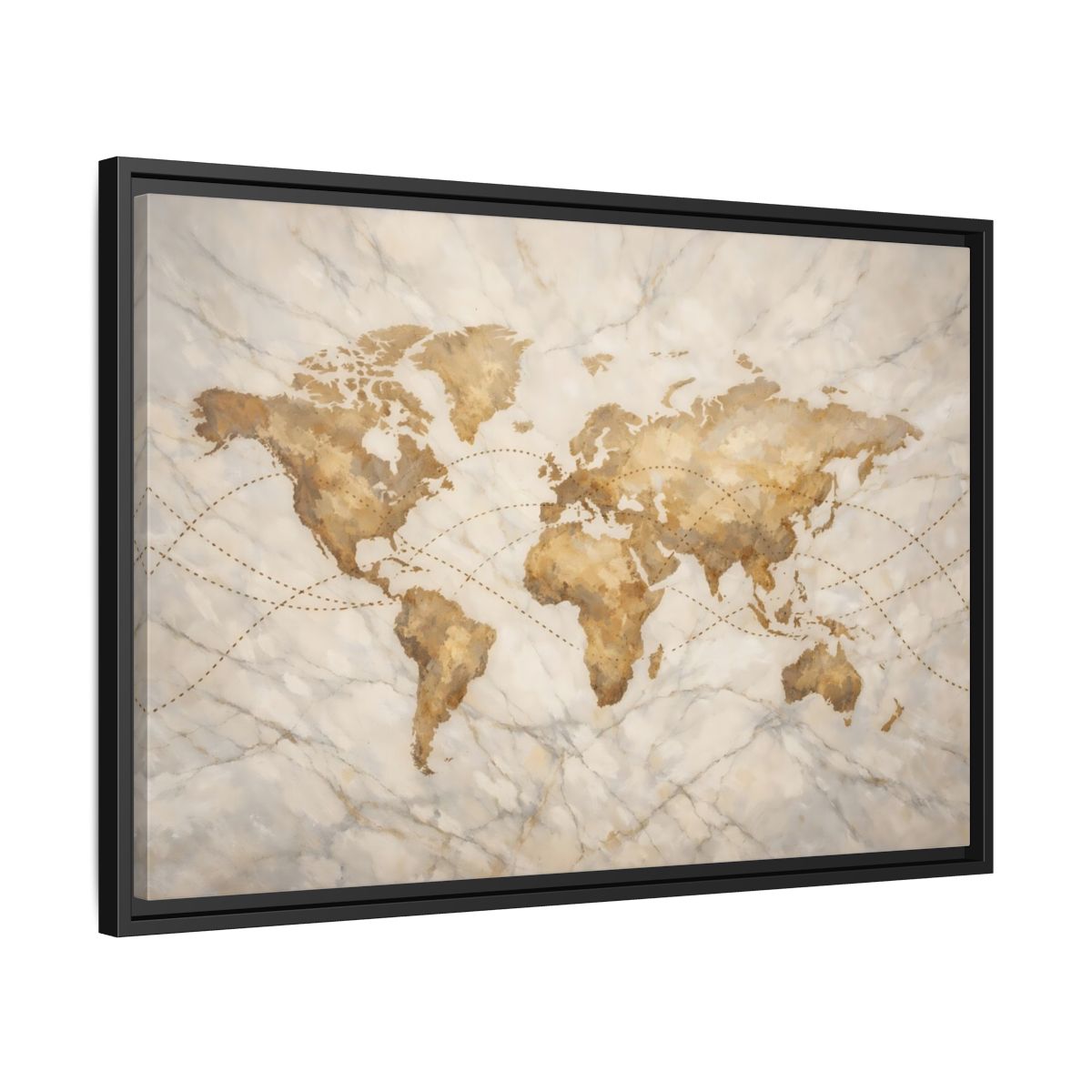 Side Mockup 14. Maps World Map Brown And Beige shown as stretched canvas wall art