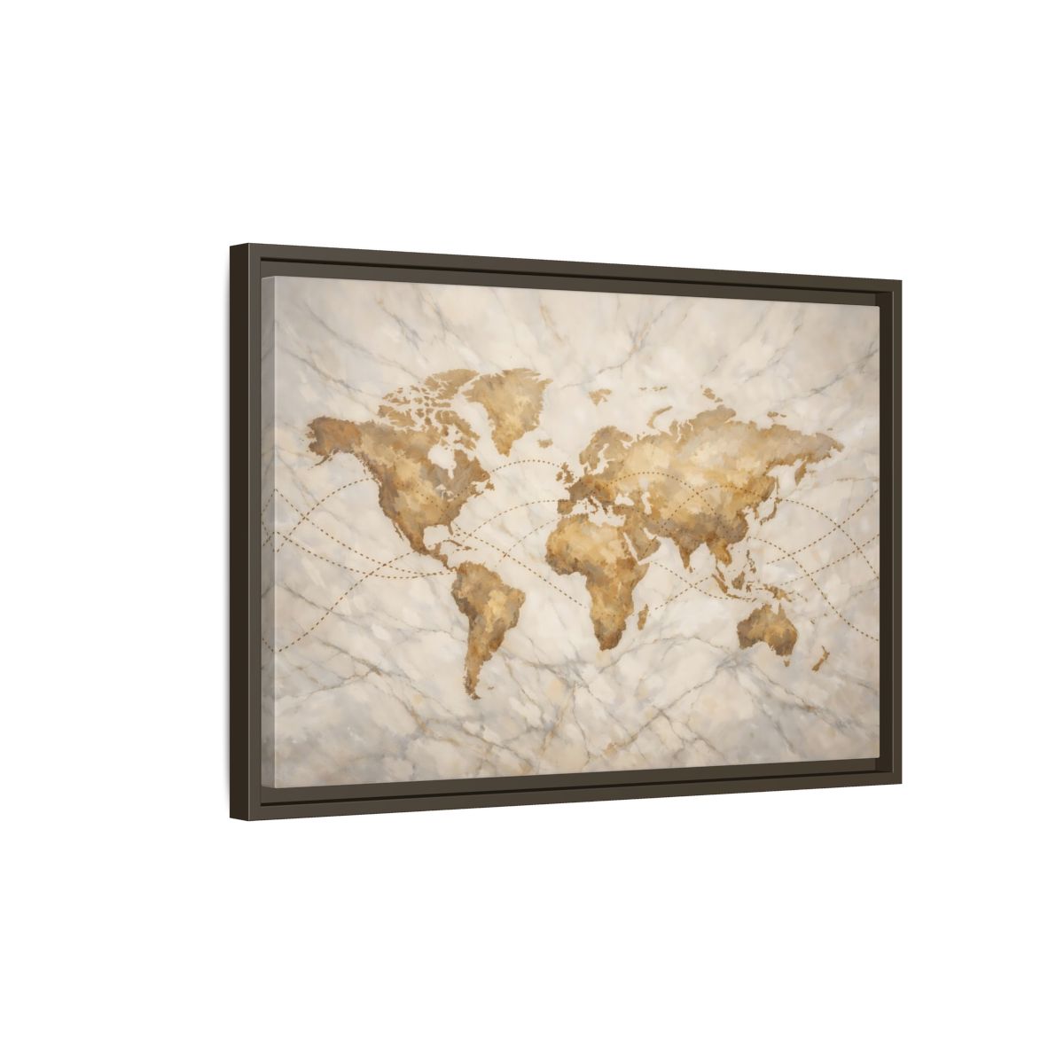 Side Mockup 2. Maps World Map Brown And Beige shown as stretched canvas wall art