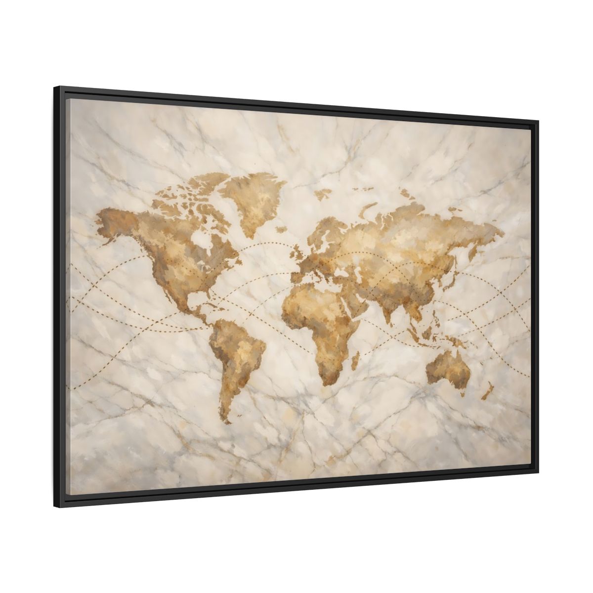 Side Mockup 12. Maps World Map Brown And Beige shown as stretched canvas wall art