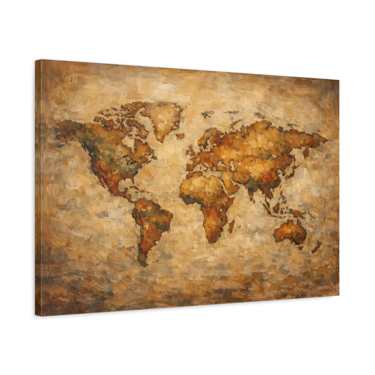 Side Mockup 2. Maps World Map Brown And Gold shown as stretched canvas wall art