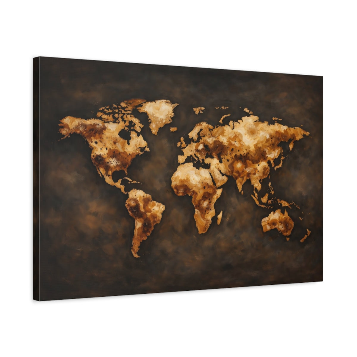 Side Mockup 2. Maps World Map Brown And Gold World Map shown as stretched canvas wall art