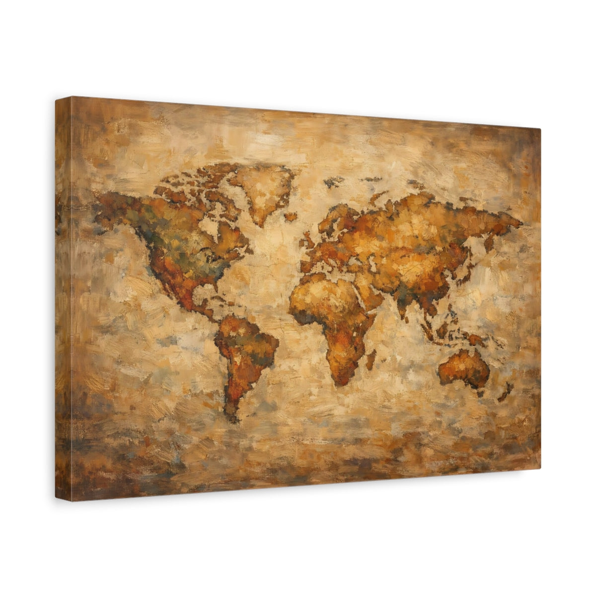 Side Mockup 4. Maps World Map Brown And Gold shown as stretched canvas wall art