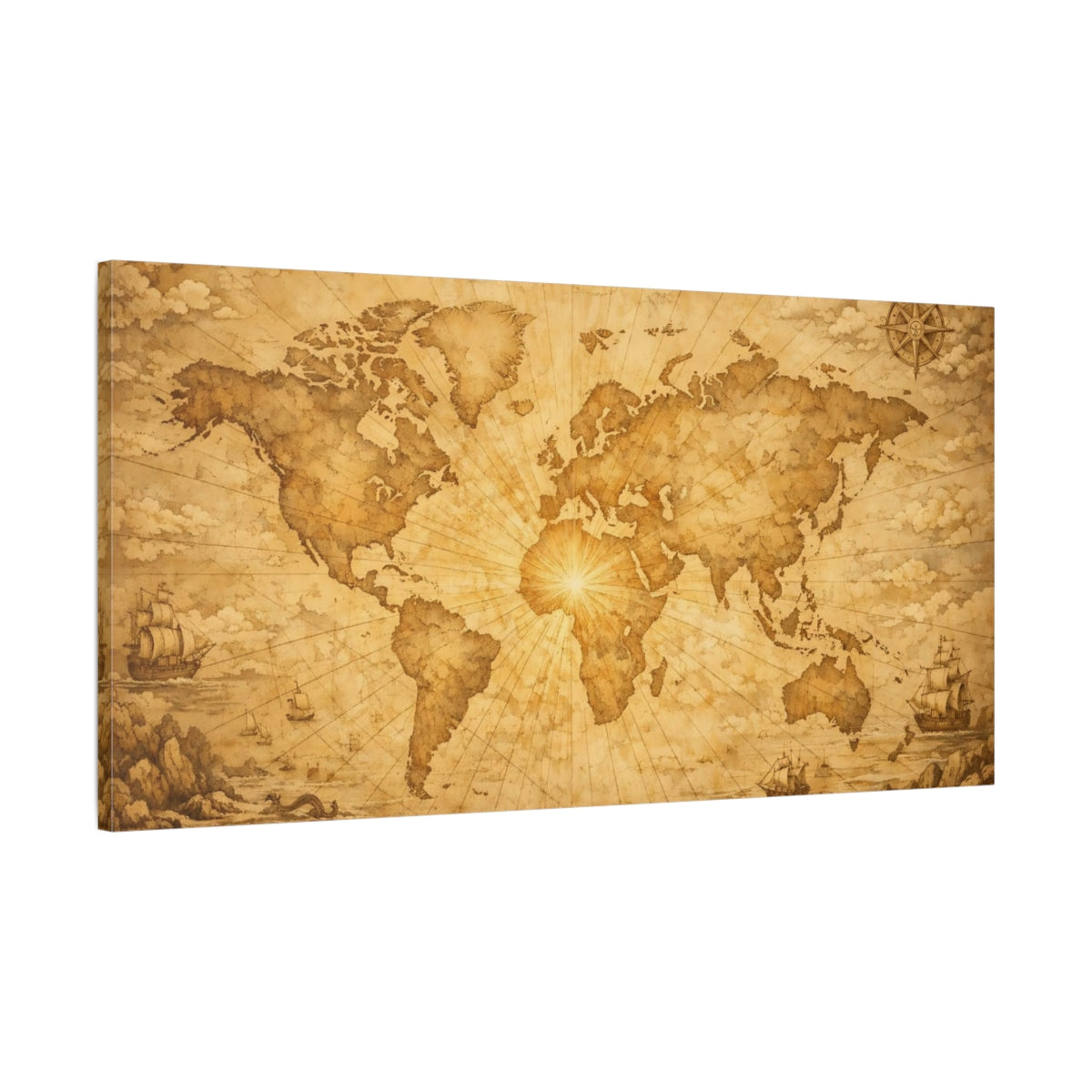 Side Mockup 1. Maps World Map Brown And Gold shown as stretched canvas wall art