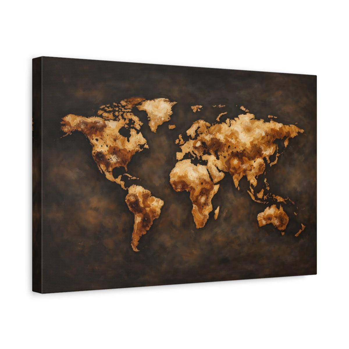 Side Mockup 4. Maps World Map Brown And Gold World Map shown as stretched canvas wall art