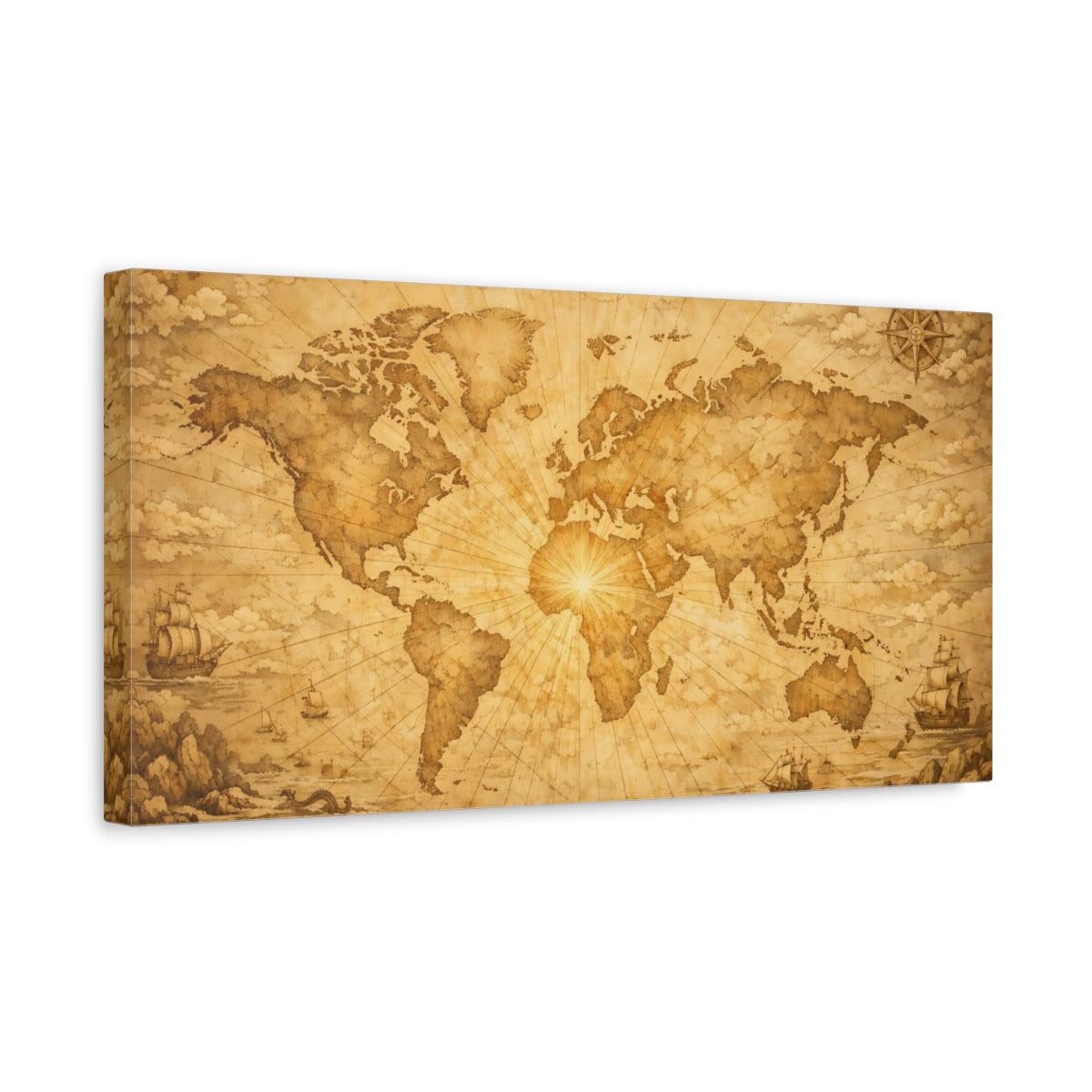 Side Mockup 3. Maps World Map Brown And Gold shown as stretched canvas wall art