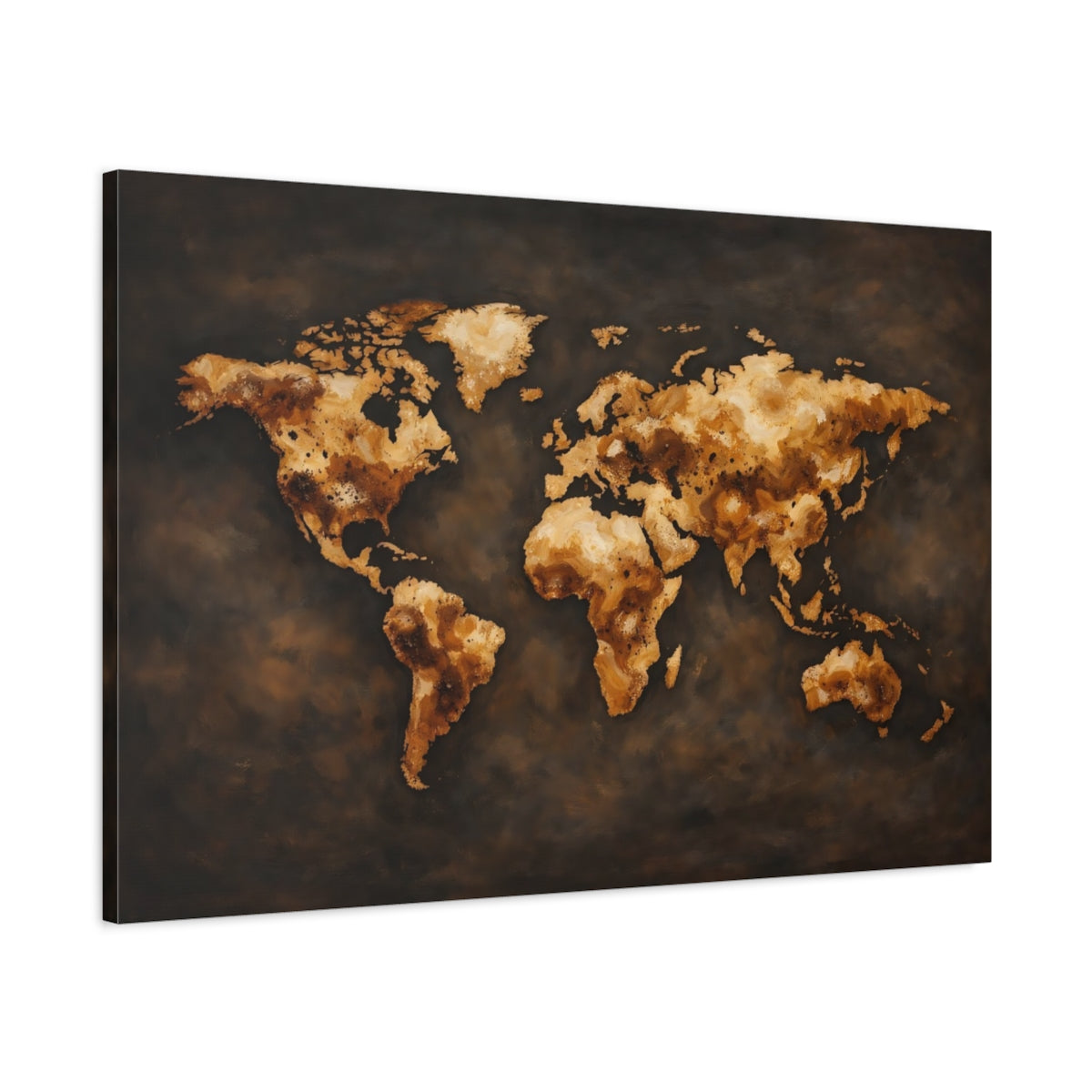 Side Mockup 1. Maps World Map Brown And Gold World Map shown as stretched canvas wall art