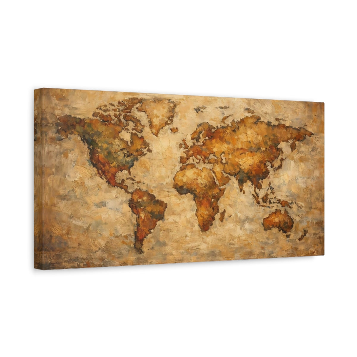 Side Mockup 3. Maps World Map Brown And Gold World Map shown as stretched canvas wall art