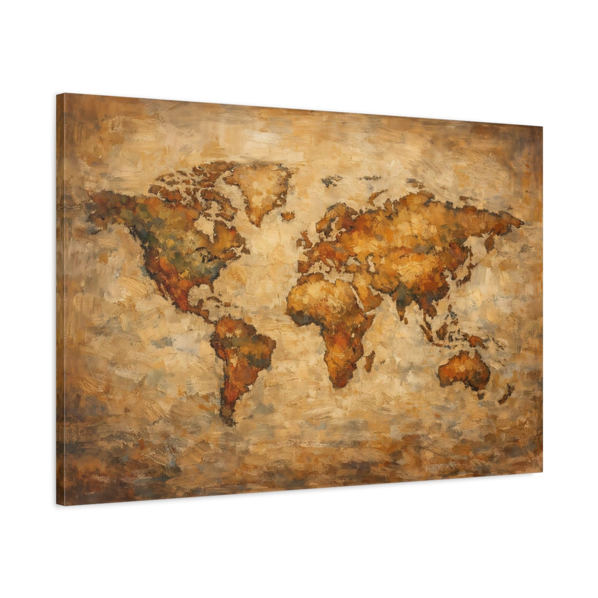 Side Mockup 1. Maps World Map Brown And Gold shown as stretched canvas wall art