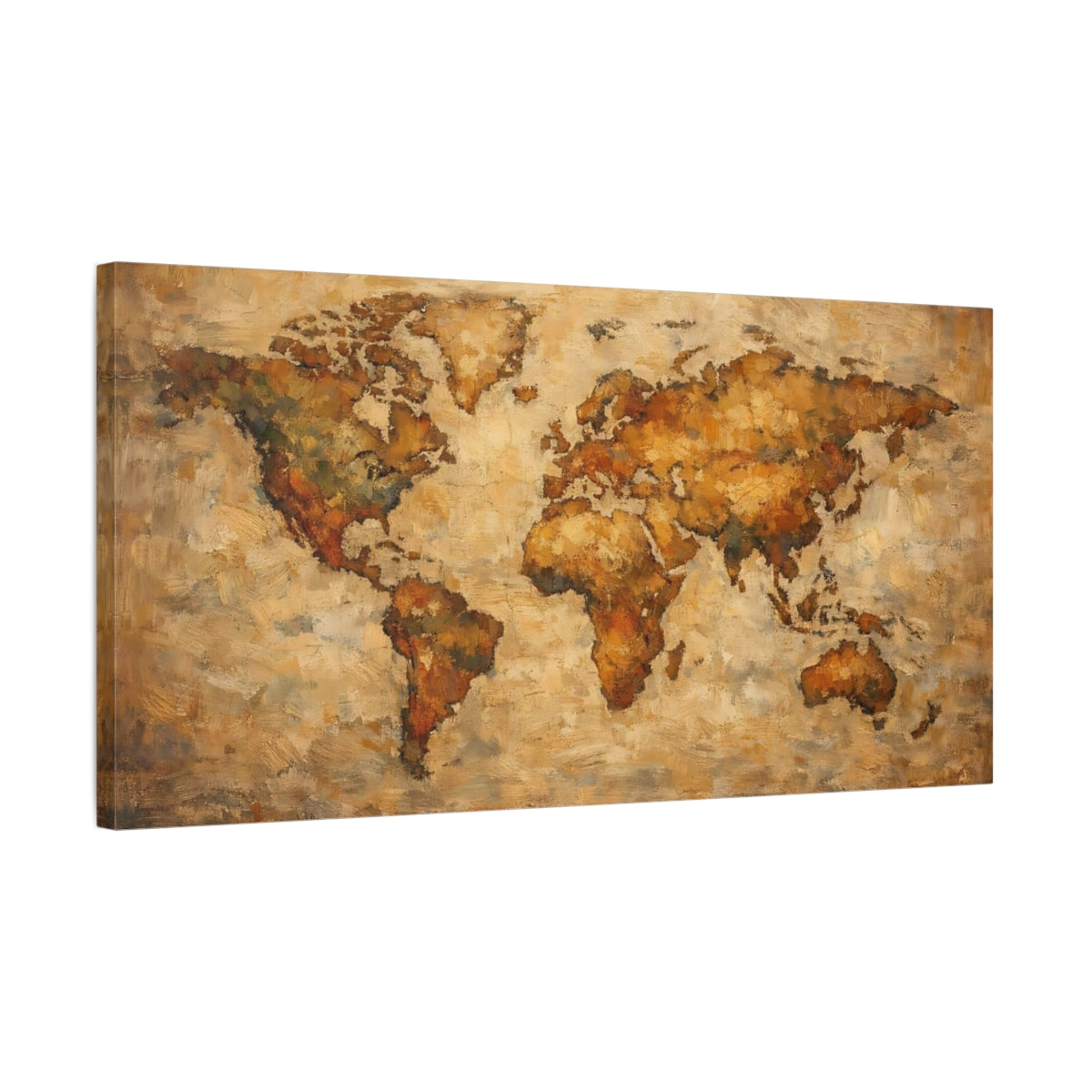 Side Mockup 2. Maps World Map Brown And Gold World Map shown as stretched canvas wall art