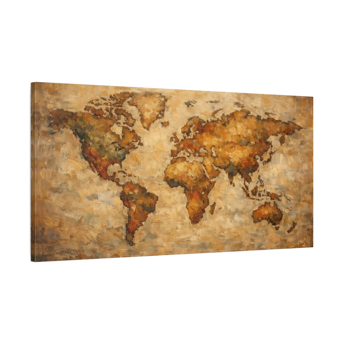 Side Mockup 1. Maps World Map Brown And Gold World Map shown as stretched canvas wall art