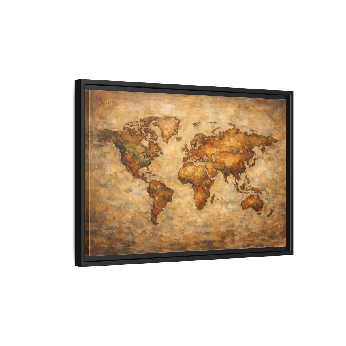 Side Mockup 3. Maps World Map Brown And Gold shown as stretched canvas wall art