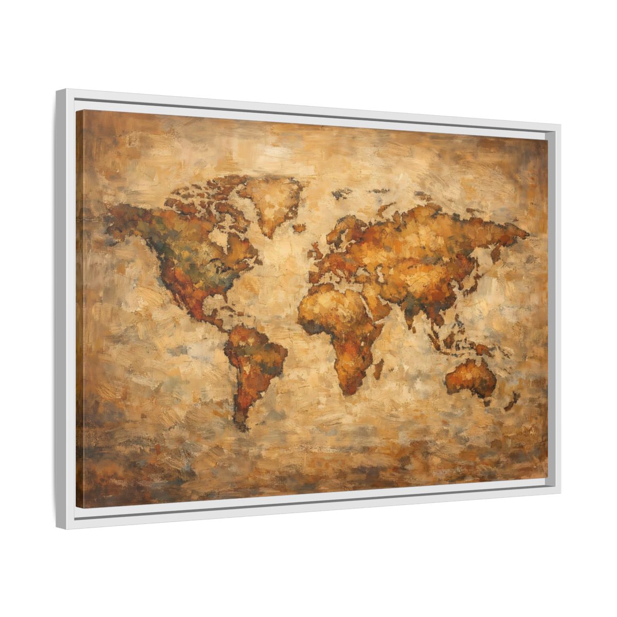 Side Mockup 10. Maps World Map Brown And Gold shown as stretched canvas wall art