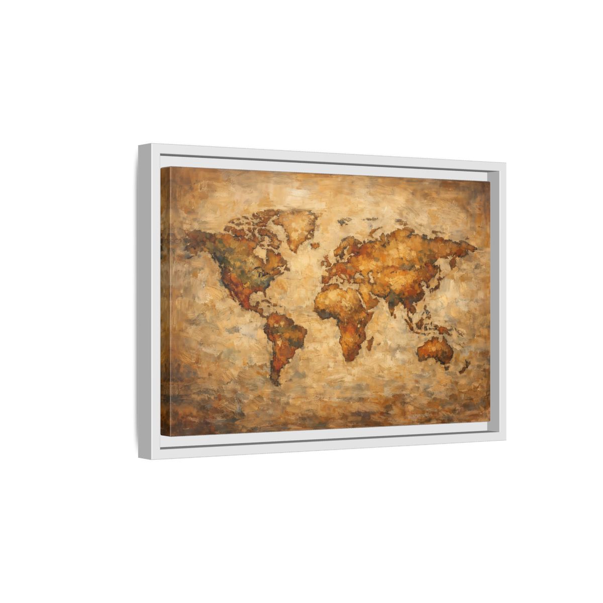Side Mockup 4. Maps World Map Brown And Gold shown as stretched canvas wall art