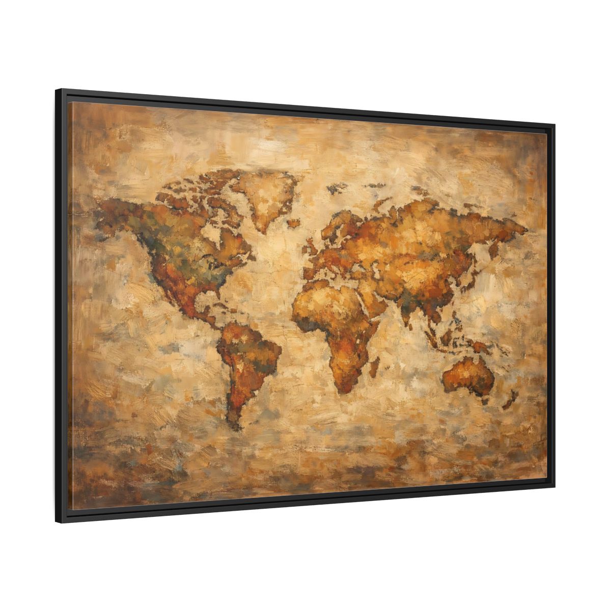 Side Mockup 12. Maps World Map Brown And Gold shown as stretched canvas wall art