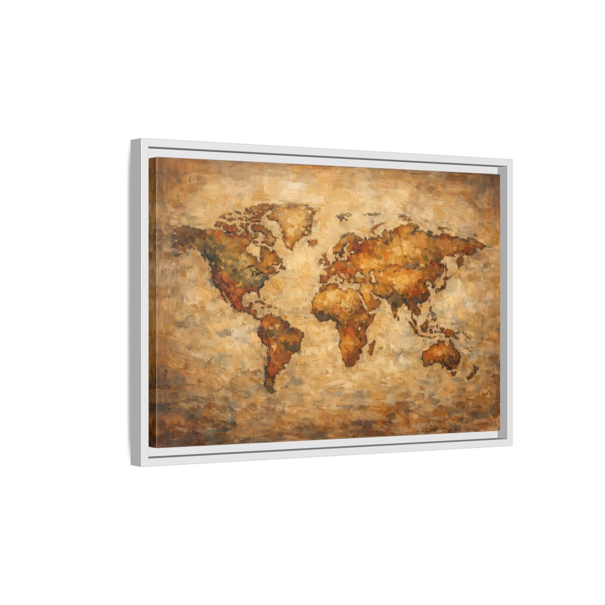Side Mockup 1. Maps World Map Brown And Gold shown as stretched canvas wall art