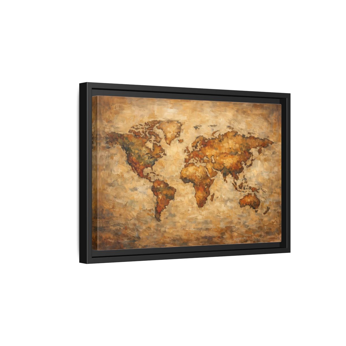 Side Mockup 6. Maps World Map Brown And Gold shown as stretched canvas wall art