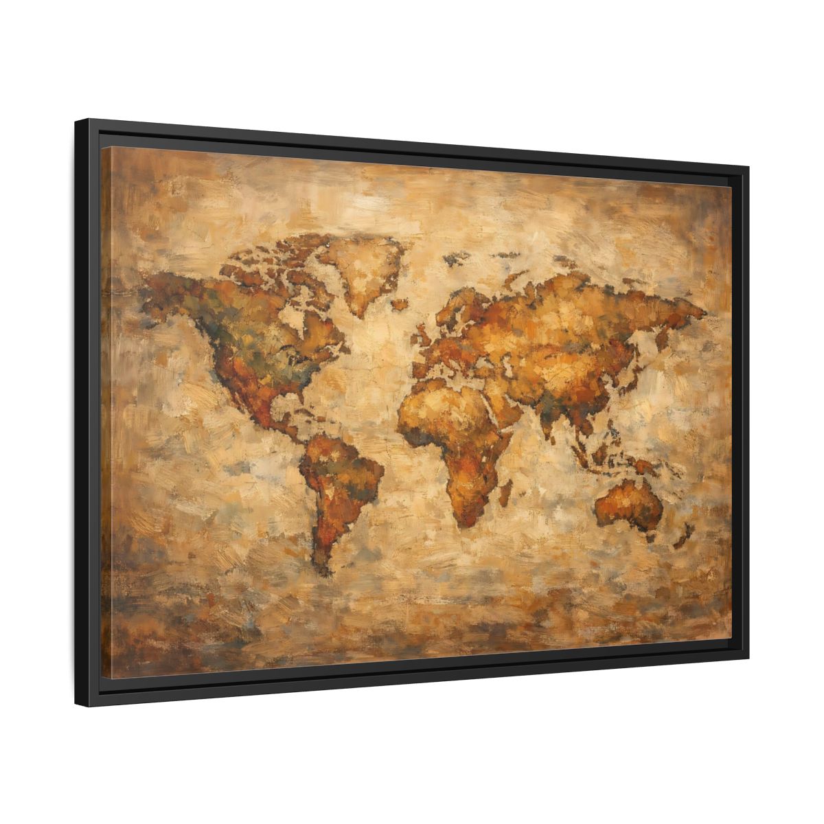 Side Mockup 14. Maps World Map Brown And Gold shown as stretched canvas wall art