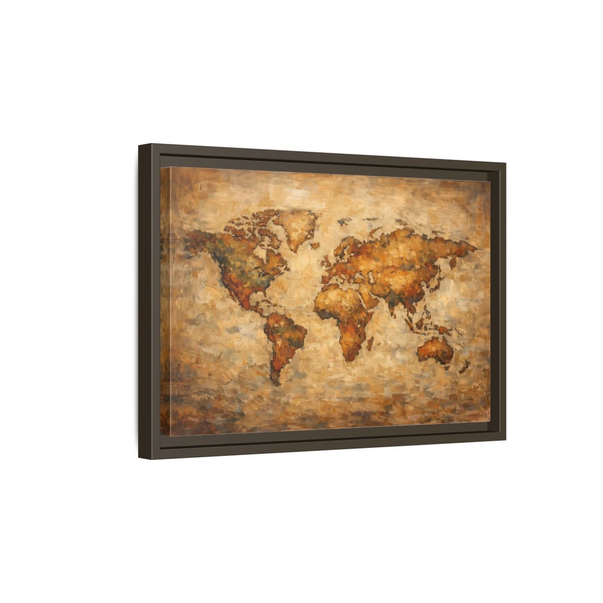 Side Mockup 5. Maps World Map Brown And Gold shown as stretched canvas wall art