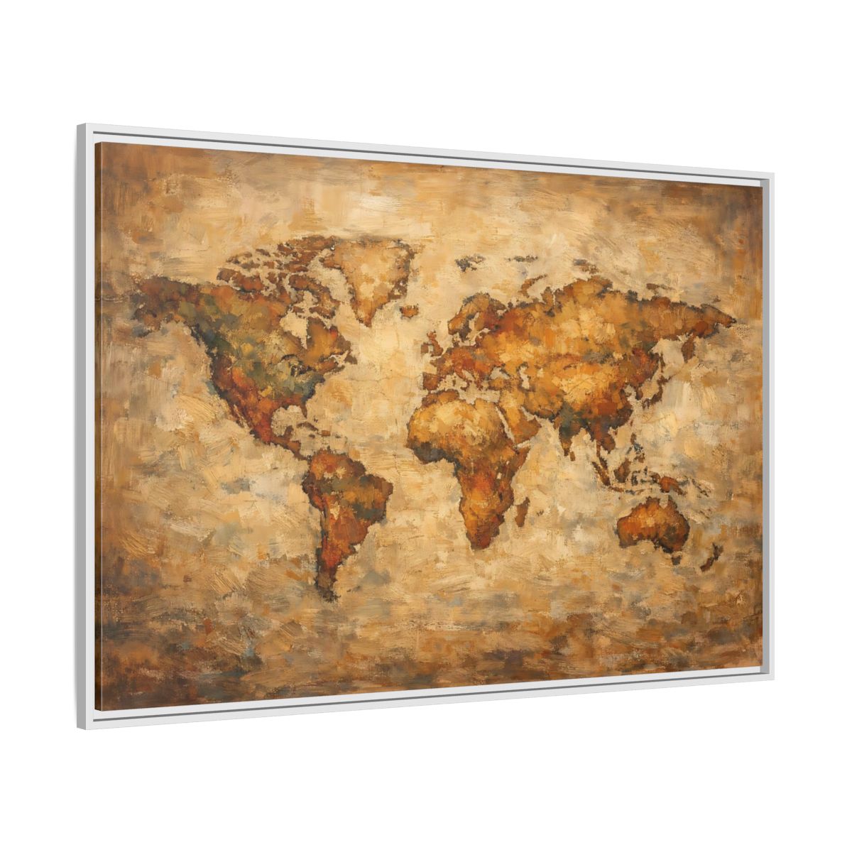 Side Mockup 7. Maps World Map Brown And Gold shown as stretched canvas wall art