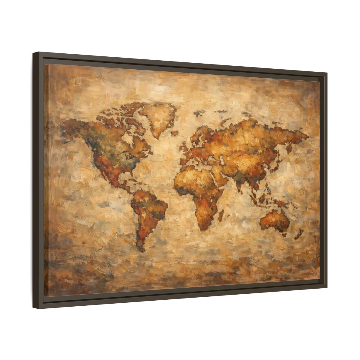 Side Mockup 11. Maps World Map Brown And Gold shown as stretched canvas wall art